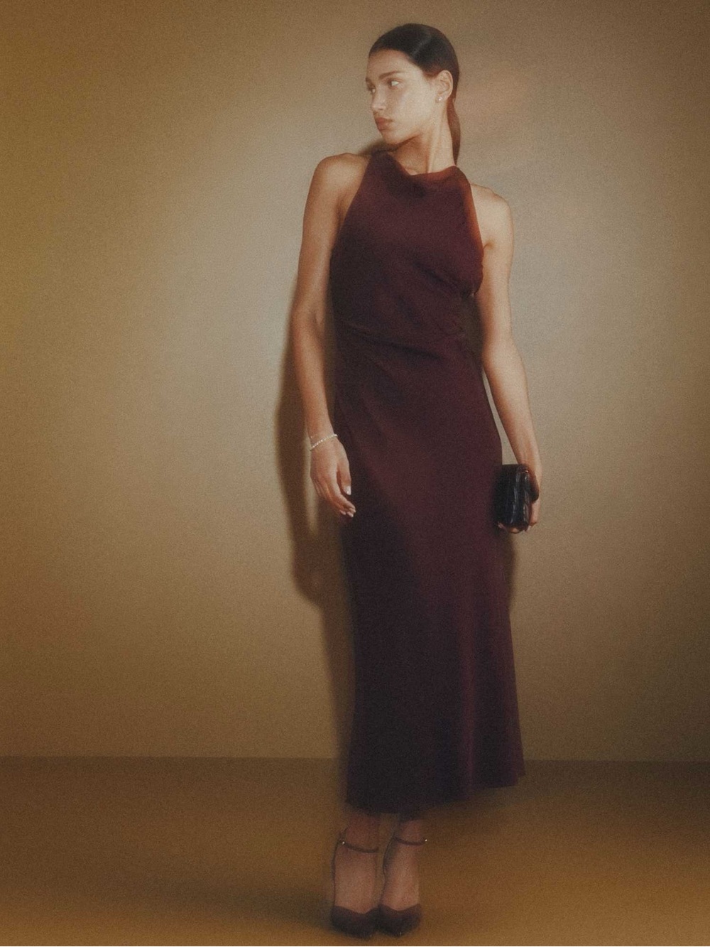 Quince Washable Stretch Silk High Neck Midi Dress, Wine Tasting Red, L 🍷 🍇